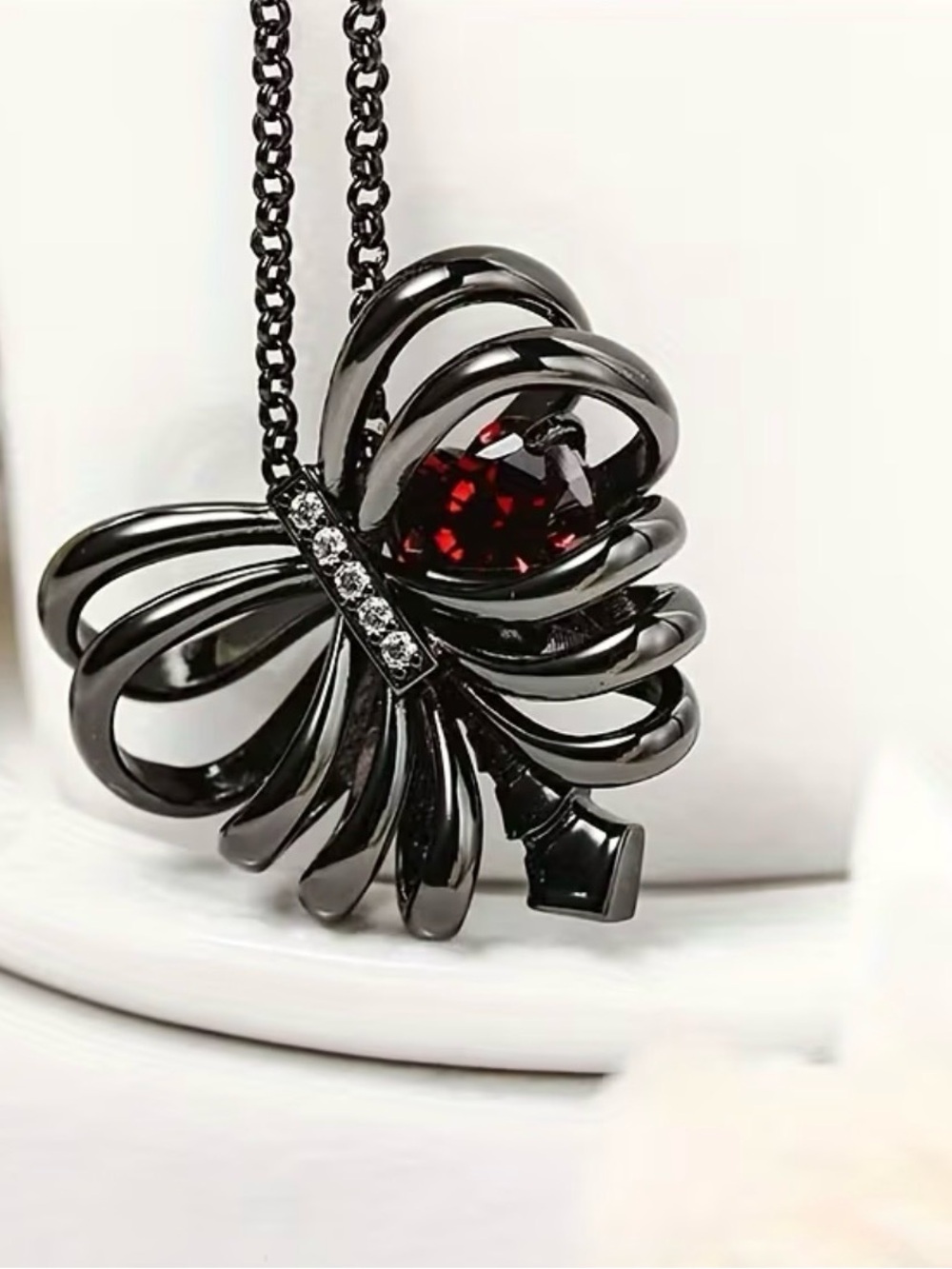 Black Bow Heart Pendant Necklace with Red Accent - Women Jewelry New